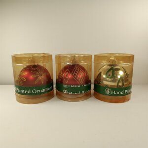 3 Christmas House Hand Painted Holiday Ball Ornaments w/ Glitter: 2 Red & 1 Gold